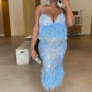 ASOS Luxe Design Embellished gemstone set with Faux feather trim in blue